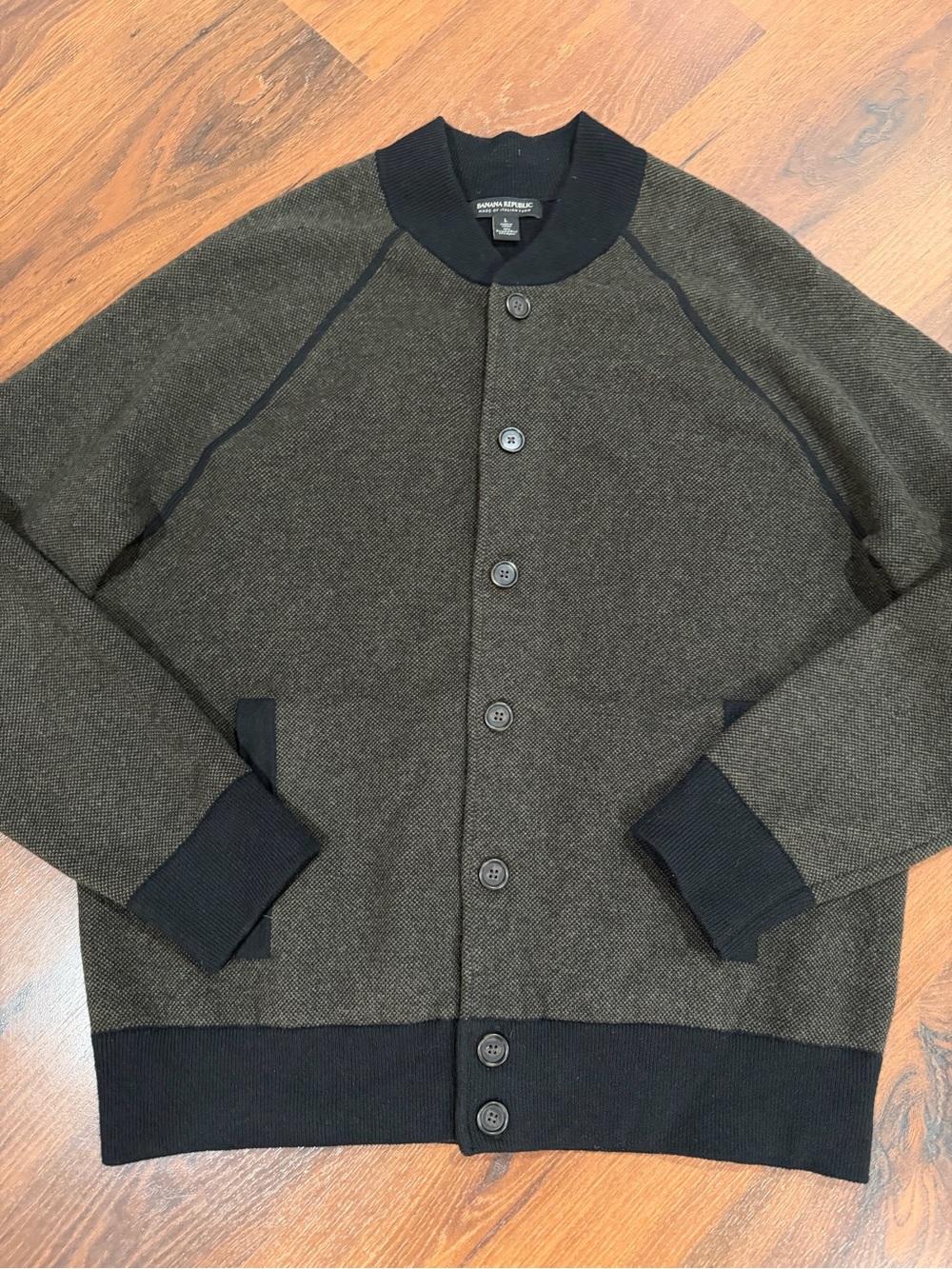 Banana Republic Bomber cardigan Mens L‎ Button Up Wool Blend Italian Yarn